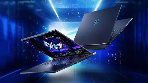 Dois notebooks Acer Predator flutuando sobre fundo azul digital, com o logo Predator na tela de um deles