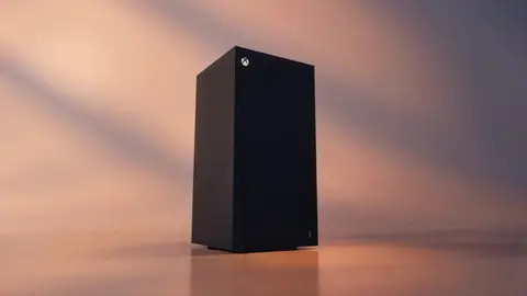 Console Xbox Series X preto na vertical, com o logo da Xbox no topo, sobre fundo degradê em tons quentes