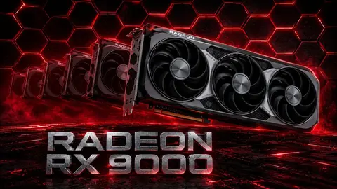 Placas de vídeo Radeon RX 9000 da AMD em fila diagonal sobre fundo vermelho com hexágonos, com o logo RADEON RX 9000 em destaque