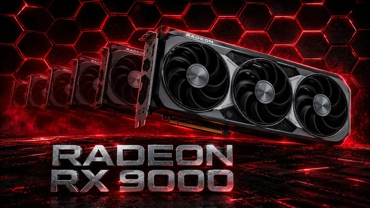 Placas de vídeo Radeon RX 9000 da AMD em fila diagonal sobre fundo vermelho com hexágonos, com o logo RADEON RX 9000 em destaque
