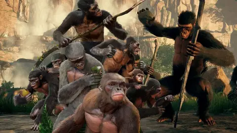 Grupo de primatas pré-humanos com bastões em cenário rochoso com cachoeira, em cena de jogo 3D