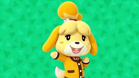 Isabelle, personagem de Animal Crossing, em render 3D sorridente sobre fundo verde com triângulos
