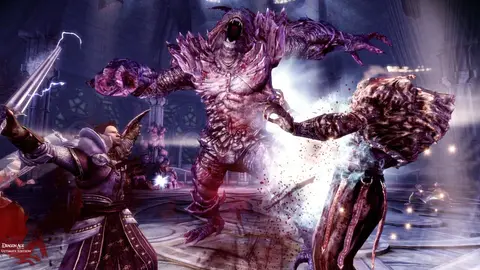 Arte oficial de Dragon Age: Origins com guerreiros em cenário de fantasia sombria