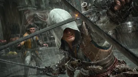 Personagem de capuz branco empunha lâminas sob chuva em cena de combate de Assassin's Creed Black Flag