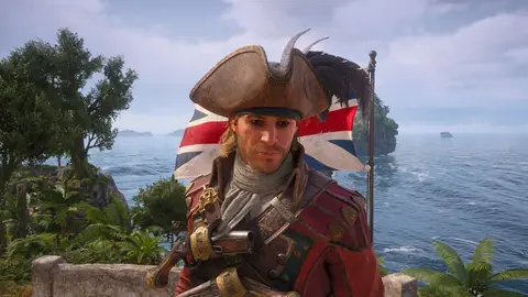 Captura de tela de Assassin's Creed Black Flag Resynced: marinheiro de tricórnio e casaco vermelho diante de bandeira britânica e mar