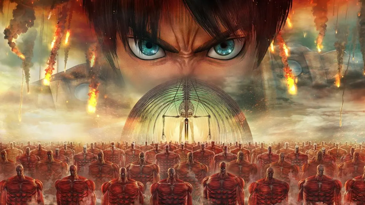 Eren Jaeger encarando de perto, com muralhas em chamas e fileiras de Titãs vermelhos ao fundo, em Attack on Titan