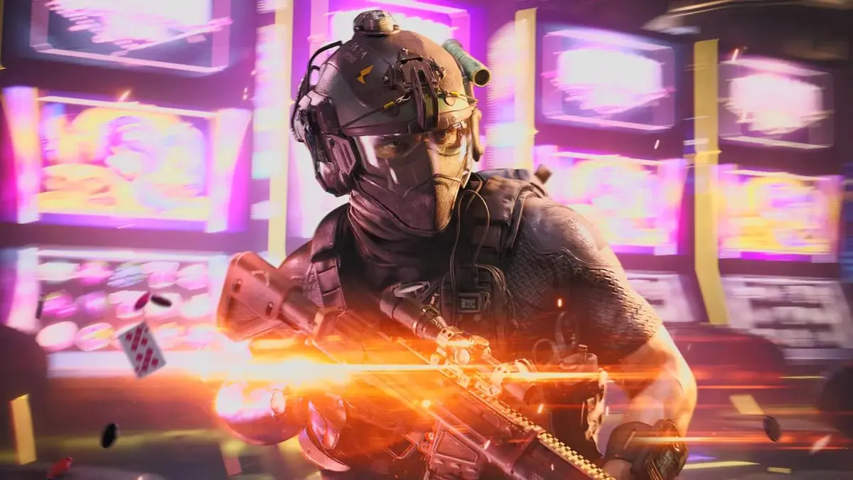 Soldado com capacete e fuzil atirando em cenário com telas roxas e rosas, em cena de Battlefield 6