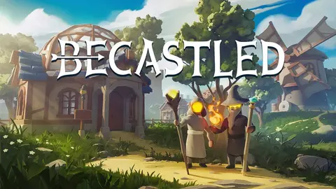 Dois magos com cajados brilhantes diante de uma vila medieval com moinho de vento, com o logo do jogo Becastled