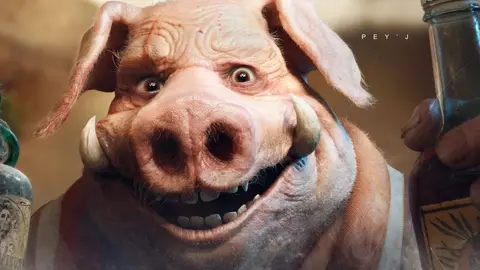 Pey'j, personagem suíno de Beyond Good & Evil 2, sorrindo com uma garrafa na mão em close.