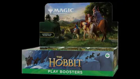 Caixa Play Boosters de The Hobbit para Magic: The Gathering, com arte de Gandalf e hobbits a cavalo