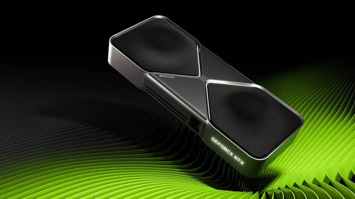 Placa de vídeo GeForce RTX 5090 em destaque sobre fundo preto e ondas verdes, render oficial da NVIDIA