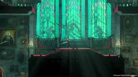 Captura de Castlevania: Belmont's Curse: protagonista de cabelo vermelho em salão gótico com vitrais verdes.