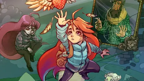 Madeline, de Celeste, estende a mão diante de um espelho rachado; ao fundo, um morango alado e penas flutuando.