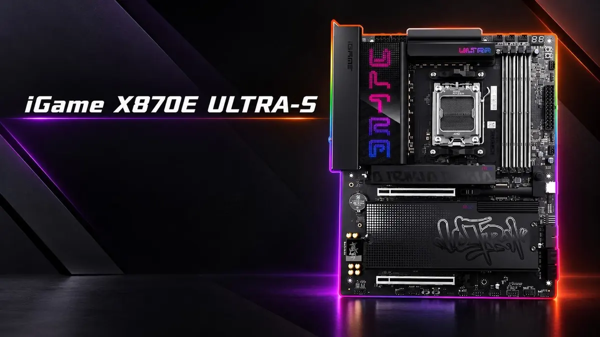 Placa-mãe Colorful iGame X870E Ultra-S com iluminação RGB em fundo escuro, nome do modelo à esquerda