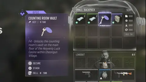 Captura de tela do inventário de Call of Duty: Modern Warfare 4 mostrando a chave épica Counting Room Vault, com descrição e opções Secure, Stash e Sell.