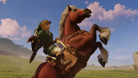 Link montado em Epona, empinando em campo aberto sob céu azul, em cena de The Legend of Zelda: Ocarina of Time