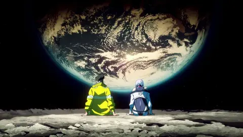 Dois personagens de anime sentados na Lua olhando para a Terra, cena de Cyberpunk: Edgerunners
