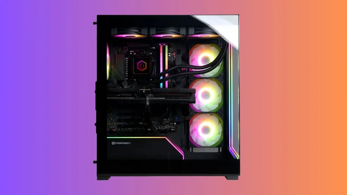 PC gamer CyberPowerPC de torre preta com painel de vidro, coolers RGB e water cooler, sobre fundo degradê roxo e laranja