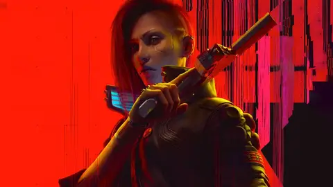 Personagem V de Cyberpunk 2077 segura uma pistola sobre o ombro, em fundo vermelho com efeito de glitch.
