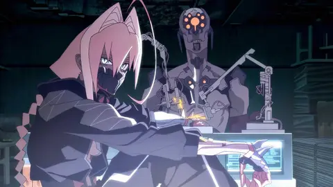 Cena de Cyberpunk: Edgerunners com Lucy, de cabelo rosa, e um ciborgue de olhos laranja em uma bancada