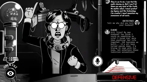 Cena em preto e branco com detalhes em vermelho do jogo Dead Meat, que mostra um interrogatório com um criminoso