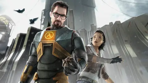 Gordon Freeman com óculos e traje HEV e Alyx Vance em cenário urbano futurista de Half-Life 2