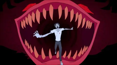 Personagem de animação de cabelo escuro e camisa branca manchada de sangue, de braços abertos, diante de uma boca monstruosa cheia de dentes