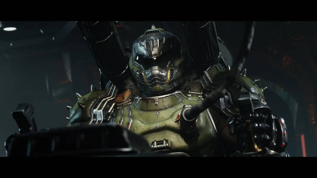 Arte oficial de Doom: The Dark Ages com o Slayer em combate