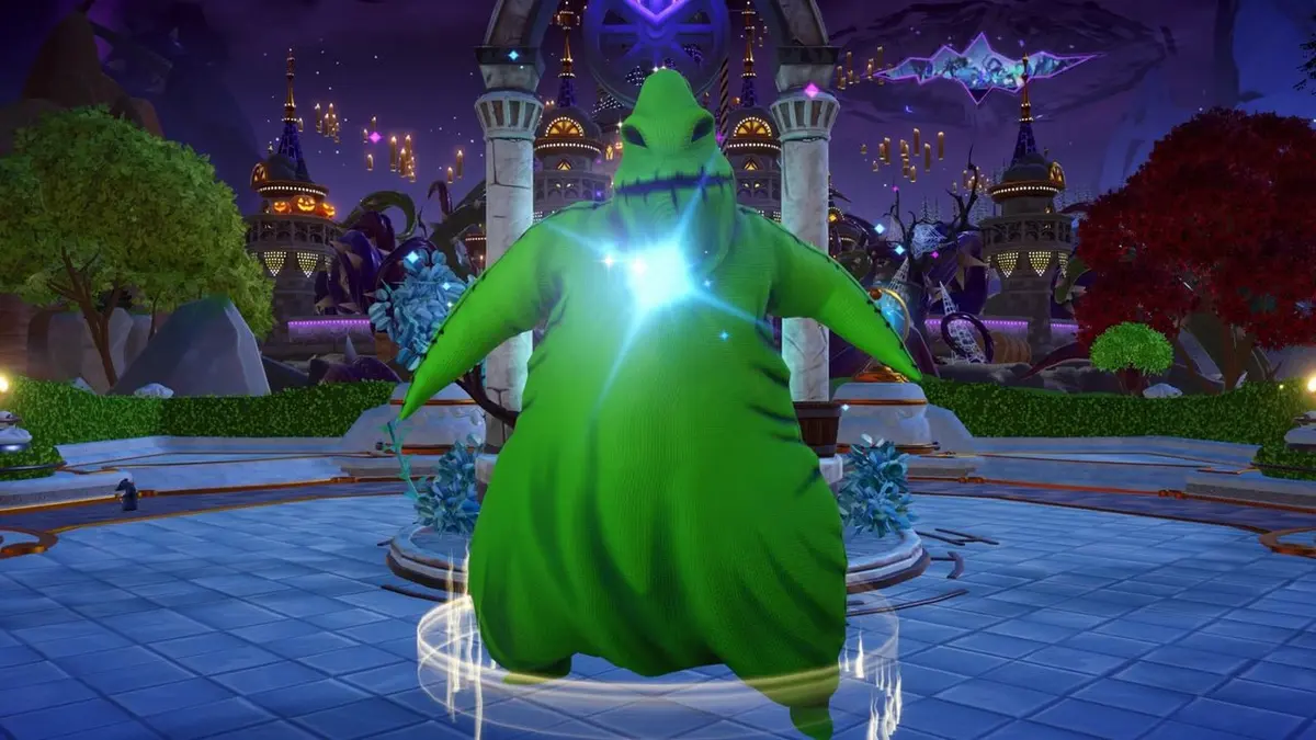 Oogie Boogie, vilão verde e volumoso, em cena do jogo Disney Dreamlight Valley, com torres roxas ao fundo