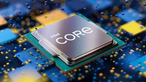Processador Intel Core em render 3D sobre placa de circuito azul com partículas douradas e cubos coloridos