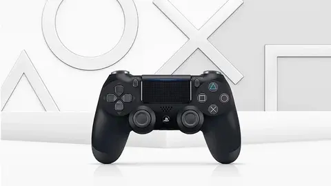 Controle DualShock 4 preto da Sony, de frente, sobre fundo branco com os símbolos do PlayStation