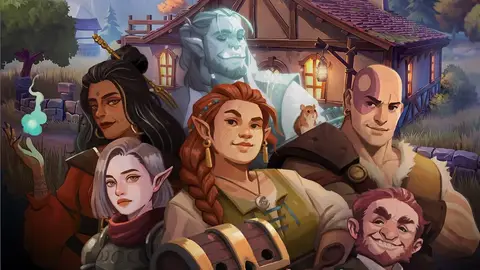 Personagens de fantasia em primeiro plano diante de uma taverna de madeira com luzes acesas, em arte ilustrada