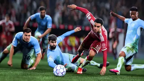 Captura do EA Sports FC com jogadores de camisa azul e vermelha disputando a bola em um gramado
