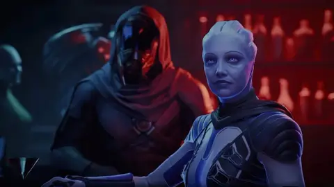 Liara, asari de pele azul de Mass Effect, em um bar com luz vermelha, ao lado de uma figura encapuzada com máscara