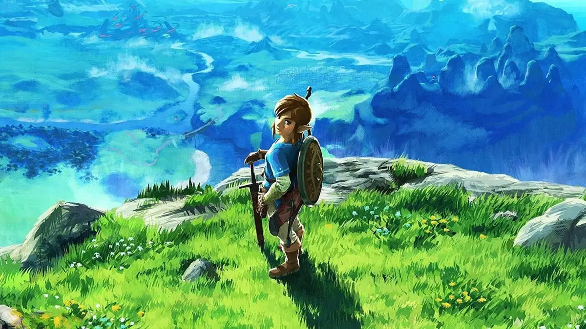 Link com escudo e espada olha para uma paisagem verde e azul, arte oficial de The Legend of Zelda