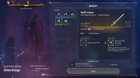 Tela do Gem Forge em Enshrouded, com a Gem of Toxic Betrayal sendo inserida na espada Wolf's Maw