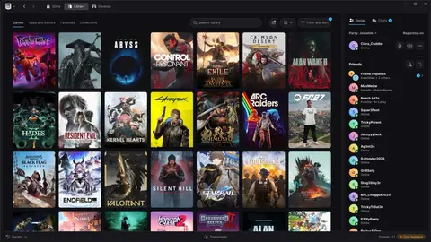 Captura da biblioteca do novo Epic Games Launcher com capas de jogos em grade e lista de amigos à direita