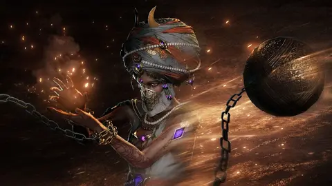 Personagem de turbante e máscara segurando brasas, com uma bola com corrente em arte CGI de fantasia sombria