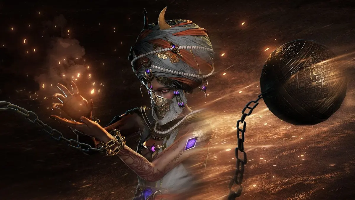 Personagem de turbante e máscara segurando brasas, com uma bola com corrente em arte CGI de fantasia sombria
