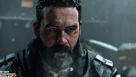 Personagem barbudo de olhar sério, com neve no ar, em cena de Call of Duty: Modern Warfare 4