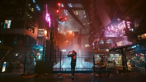 Cena de Cyberpunk 2077 em uma rua de Night City