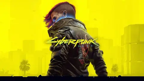 Arte oficial de Cyberpunk 2077: personagem de costas, cabelo ruivo, jaqueta com dragão, fundo amarelo e logo do jogo