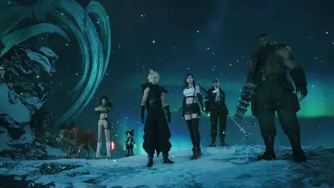 Cloud, Tifa, Barret e Red XIII em cena noturna na neve, sob aurora boreal, em captura do jogo Final Fantasy VII
