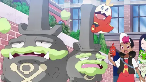 Dois Weezing de Galar, com cara de fumaça verde e cartola cinza, ao lado de uma treinadora e de Sprigatito, em cena do anime Pokémon