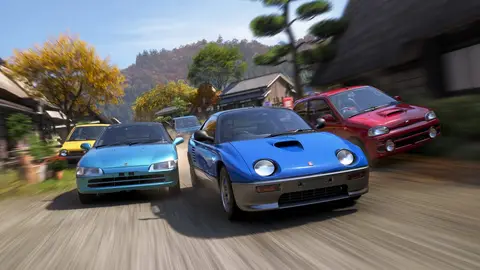 Carro correndo em estrada nevada no Japão em Forza Horizon 6