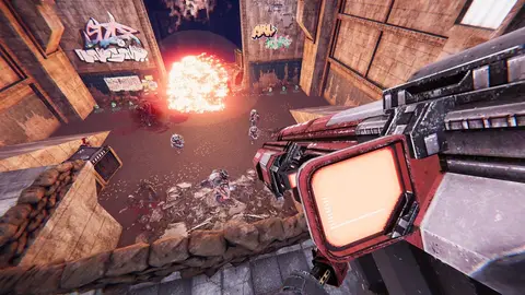 Cena de tiro em primeira pessoa de Turbo Overkill, jogo de ação em estilo retrô