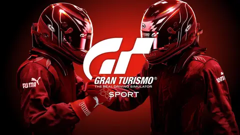 Dois pilotos de macacão e capacete vermelhos ao lado do logo de Gran Turismo Sport, sobre fundo vermelho escuro