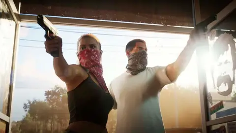Lucia e Jason, de GTA 6, mascarados e armados durante um assalto a uma loja