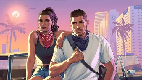 Arte oficial de GTA 6 com Lucia e Jason em cenário de pôr do sol, com palmeiras e prédios ao fundo