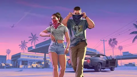 Arte oficial de GTA 6: dupla de bandanas caminha diante de posto e carro clássico ao entardecer em Vice City
